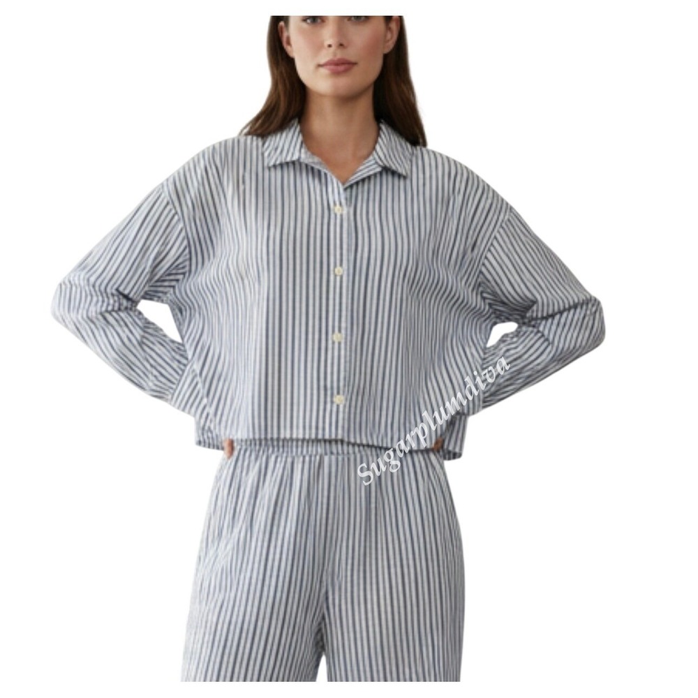 Everlane The Woven PJ Top Cropped Pajama Shirt‎ SMALL Blue Striped Cotton Boxy